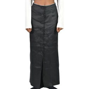 HM Linen Maxi Skirt Black Button Down High Waisted Column Minimalist Straight  2